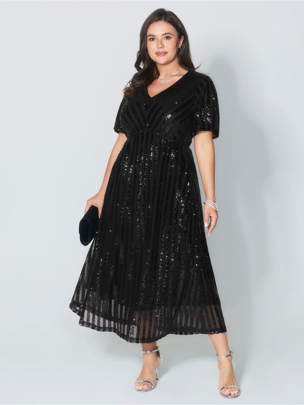 BloomChic Black Sequin V-Neck Midi Dress